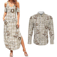Hawaii Palaka Cowboy Couples Matching Summer Maxi Dress and Long Sleeve Button Shirt Shell Maile Lei With Western Patterns DT05 Beige - Polynesian Pride