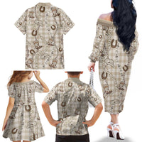 Hawaii Palaka Cowboy Family Matching Off The Shoulder Long Sleeve Dress and Hawaiian Shirt Shell Maile Lei With Western Patterns - Polynesian Pride