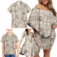 Hawaii Palaka Cowboy Family Matching Off Shoulder Short Dress and Hawaiian Shirt Shell Maile Lei With Western Patterns - Polynesian Pride
