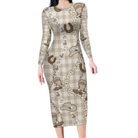 Hawaii Palaka Cowboy Long Sleeve Bodycon Dress Shell Maile Lei With Western Patterns DT05 Long Dress Beige - Polynesian Pride