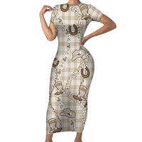 Hawaii Palaka Cowboy Short Sleeve Bodycon Dress Shell Maile Lei With Western Patterns DT05 Long Dress Beige - Polynesian Pride