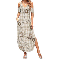 Hawaii Palaka Cowboy Summer Maxi Dress Shell Maile Lei With Western Patterns DT05 Women Beige - Polynesian Pride