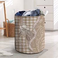 Beige Hawaii Palaka Cowboy Turtle Laundry Basket Hawaiian Paniolo Puakenikeni Maile Lei - Polynesian Pride