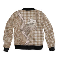 Beige Hawaii Palaka Cowboy Turtle Bomber Jacket Hawaiian Paniolo Puakenikeni Maile Lei - Polynesian Pride