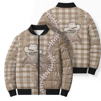 Beige Hawaii Palaka Cowboy Turtle Bomber Puffer Jacket Hawaiian Paniolo Puakenikeni Maile Lei - Polynesian Pride
