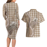 Beige Hawaii Palaka Cowboy Turtle Couples Matching Long Sleeve Bodycon Dress and Hawaiian Shirt Hawaiian Paniolo Puakenikeni Maile Lei - Polynesian Pride