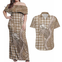 Beige Hawaii Palaka Cowboy Turtle Couples Matching Off Shoulder Maxi Dress and Hawaiian Shirt Hawaiian Paniolo Puakenikeni Maile Lei - Polynesian Pride