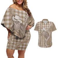 Beige Hawaii Palaka Cowboy Turtle Couples Matching Off Shoulder Short Dress and Hawaiian Shirt Hawaiian Paniolo Puakenikeni Maile Lei - Polynesian Pride