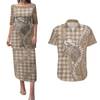 Beige Hawaii Palaka Cowboy Turtle Couples Matching Puletasi and Hawaiian Shirt Hawaiian Paniolo Puakenikeni Maile Lei - Polynesian Pride