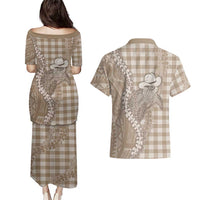Beige Hawaii Palaka Cowboy Turtle Couples Matching Puletasi and Hawaiian Shirt Hawaiian Paniolo Puakenikeni Maile Lei - Polynesian Pride