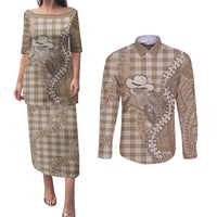 Beige Hawaii Palaka Cowboy Turtle Couples Matching Puletasi and Long Sleeve Button Shirt Hawaiian Paniolo Puakenikeni Maile Lei - Polynesian Pride