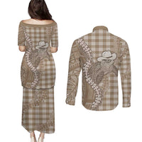 Beige Hawaii Palaka Cowboy Turtle Couples Matching Puletasi and Long Sleeve Button Shirt Hawaiian Paniolo Puakenikeni Maile Lei - Polynesian Pride