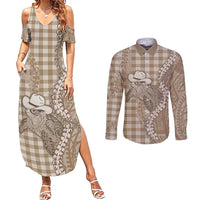 Beige Hawaii Palaka Cowboy Turtle Couples Matching Summer Maxi Dress and Long Sleeve Button Shirt Hawaiian Paniolo Puakenikeni Maile Lei - Polynesian Pride