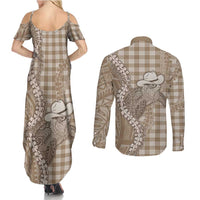 Beige Hawaii Palaka Cowboy Turtle Couples Matching Summer Maxi Dress and Long Sleeve Button Shirt Hawaiian Paniolo Puakenikeni Maile Lei - Polynesian Pride