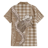 Beige Hawaii Palaka Cowboy Turtle Family Matching Off The Shoulder Long Sleeve Dress and Hawaiian Shirt Hawaiian Paniolo Puakenikeni Maile Lei - Polynesian Pride