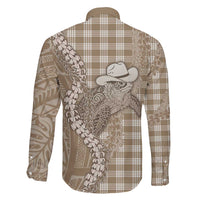 Beige Hawaii Palaka Cowboy Turtle Family Matching Off The Shoulder Long Sleeve Dress and Hawaiian Shirt Hawaiian Paniolo Puakenikeni Maile Lei - Polynesian Pride