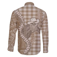 Beige Hawaii Palaka Cowboy Turtle Family Matching Off Shoulder Maxi Dress and Hawaiian Shirt Hawaiian Paniolo Puakenikeni Maile Lei - Polynesian Pride