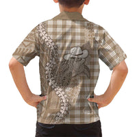 Beige Hawaii Palaka Cowboy Turtle Family Matching Off Shoulder Short Dress and Hawaiian Shirt Hawaiian Paniolo Puakenikeni Maile Lei - Polynesian Pride