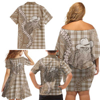 Beige Hawaii Palaka Cowboy Turtle Family Matching Off Shoulder Short Dress and Hawaiian Shirt Hawaiian Paniolo Puakenikeni Maile Lei - Polynesian Pride