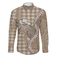 Beige Hawaii Palaka Cowboy Turtle Family Matching Off Shoulder Short Dress and Hawaiian Shirt Hawaiian Paniolo Puakenikeni Maile Lei - Polynesian Pride