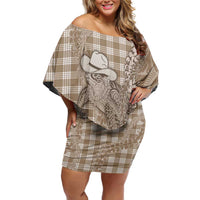 Beige Hawaii Palaka Cowboy Turtle Family Matching Off Shoulder Short Dress and Hawaiian Shirt Hawaiian Paniolo Puakenikeni Maile Lei - Polynesian Pride