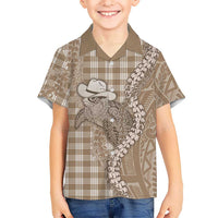 Beige Hawaii Palaka Cowboy Turtle Family Matching Off Shoulder Short Dress and Hawaiian Shirt Hawaiian Paniolo Puakenikeni Maile Lei - Polynesian Pride