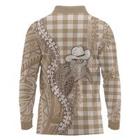 Beige Hawaii Palaka Cowboy Turtle Long Sleeve Polo Shirt Hawaiian Paniolo Puakenikeni Maile Lei - Polynesian Pride