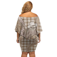 Beige Hawaii Palaka Cowboy Turtle Off Shoulder Short Dress Hawaiian Paniolo Puakenikeni Maile Lei - Polynesian Pride
