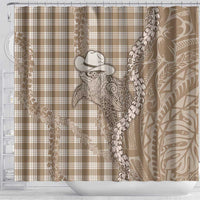 Beige Hawaii Palaka Cowboy Turtle Shower Curtain Hawaiian Paniolo Puakenikeni Maile Lei - Polynesian Pride