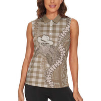Beige Hawaii Palaka Cowboy Turtle Women Sleeveless Polo Shirt Hawaiian Paniolo Puakenikeni Maile Lei - Polynesian Pride