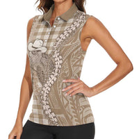 Beige Hawaii Palaka Cowboy Turtle Women Sleeveless Polo Shirt Hawaiian Paniolo Puakenikeni Maile Lei - Polynesian Pride