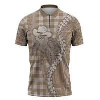Beige Hawaii Palaka Cowboy Turtle Zipper Polo Shirt Hawaiian Paniolo Puakenikeni Maile Lei - Polynesian Pride