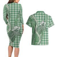 Green Hawaii Palaka Cowboy Turtle Couples Matching Long Sleeve Bodycon Dress and Hawaiian Shirt Hawaiian Paniolo Puakenikeni Maile Lei - Polynesian Pride