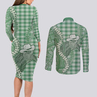 Green Hawaii Palaka Cowboy Turtle Couples Matching Long Sleeve Bodycon Dress and Long Sleeve Button Shirt Hawaiian Paniolo Puakenikeni Maile Lei - Polynesian Pride