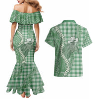 Green Hawaii Palaka Cowboy Turtle Couples Matching Mermaid Dress and Hawaiian Shirt Hawaiian Paniolo Puakenikeni Maile Lei - Polynesian Pride