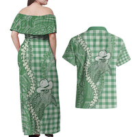 Green Hawaii Palaka Cowboy Turtle Couples Matching Off Shoulder Maxi Dress and Hawaiian Shirt Hawaiian Paniolo Puakenikeni Maile Lei - Polynesian Pride