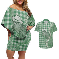 Green Hawaii Palaka Cowboy Turtle Couples Matching Off Shoulder Short Dress and Hawaiian Shirt Hawaiian Paniolo Puakenikeni Maile Lei - Polynesian Pride