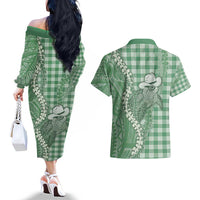 Green Hawaii Palaka Cowboy Turtle Couples Matching Off The Shoulder Long Sleeve Dress and Hawaiian Shirt Hawaiian Paniolo Puakenikeni Maile Lei - Polynesian Pride