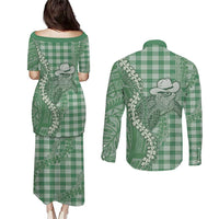 Green Hawaii Palaka Cowboy Turtle Couples Matching Puletasi and Long Sleeve Button Shirt Hawaiian Paniolo Puakenikeni Maile Lei - Polynesian Pride