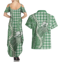 Green Hawaii Palaka Cowboy Turtle Couples Matching Summer Maxi Dress and Hawaiian Shirt Hawaiian Paniolo Puakenikeni Maile Lei - Polynesian Pride
