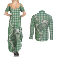 Green Hawaii Palaka Cowboy Turtle Couples Matching Summer Maxi Dress and Long Sleeve Button Shirt Hawaiian Paniolo Puakenikeni Maile Lei - Polynesian Pride