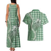 Green Hawaii Palaka Cowboy Turtle Couples Matching Tank Maxi Dress and Hawaiian Shirt Hawaiian Paniolo Puakenikeni Maile Lei - Polynesian Pride