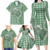 Green Hawaii Palaka Cowboy Turtle Family Matching Long Sleeve Bodycon Dress and Hawaiian Shirt Hawaiian Paniolo Puakenikeni Maile Lei - Polynesian Pride