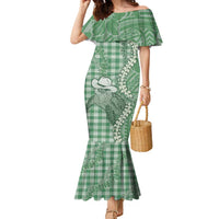 Green Hawaii Palaka Cowboy Turtle Family Matching Mermaid Dress and Hawaiian Shirt Hawaiian Paniolo Puakenikeni Maile Lei - Polynesian Pride
