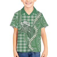 Green Hawaii Palaka Cowboy Turtle Family Matching Off The Shoulder Long Sleeve Dress and Hawaiian Shirt Hawaiian Paniolo Puakenikeni Maile Lei - Polynesian Pride