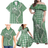 Green Hawaii Palaka Cowboy Turtle Family Matching Off Shoulder Maxi Dress and Hawaiian Shirt Hawaiian Paniolo Puakenikeni Maile Lei - Polynesian Pride