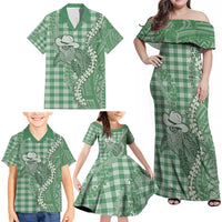 Green Hawaii Palaka Cowboy Turtle Family Matching Off Shoulder Maxi Dress and Hawaiian Shirt Hawaiian Paniolo Puakenikeni Maile Lei - Polynesian Pride