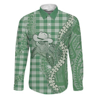 Green Hawaii Palaka Cowboy Turtle Family Matching Off Shoulder Maxi Dress and Hawaiian Shirt Hawaiian Paniolo Puakenikeni Maile Lei - Polynesian Pride