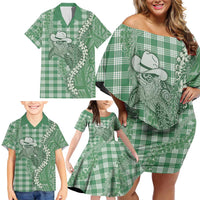 Green Hawaii Palaka Cowboy Turtle Family Matching Off Shoulder Short Dress and Hawaiian Shirt Hawaiian Paniolo Puakenikeni Maile Lei - Polynesian Pride