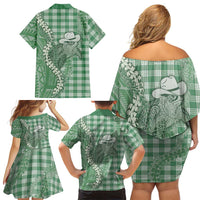 Green Hawaii Palaka Cowboy Turtle Family Matching Off Shoulder Short Dress and Hawaiian Shirt Hawaiian Paniolo Puakenikeni Maile Lei - Polynesian Pride